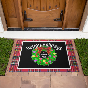 Christmas Wreath Personalized Entryway Red Plaid Doormat