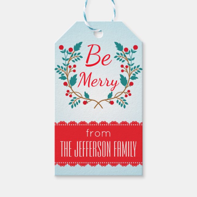 Christmas Wreath Personalized Text Gift Tags (Front)