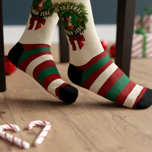 Christmas Wreath Pet Photo Striped Christmas Socks