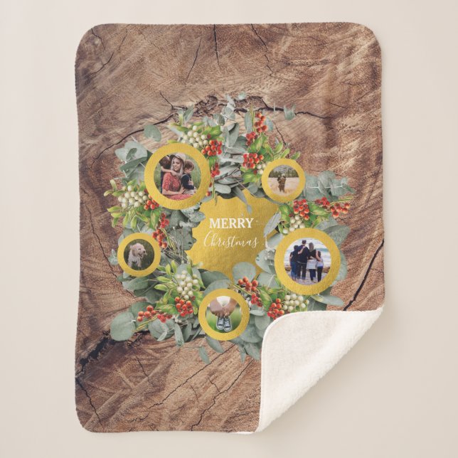 Christmas Wreath Photo Collage Holiday Photo Sherpa Blanket (Front)