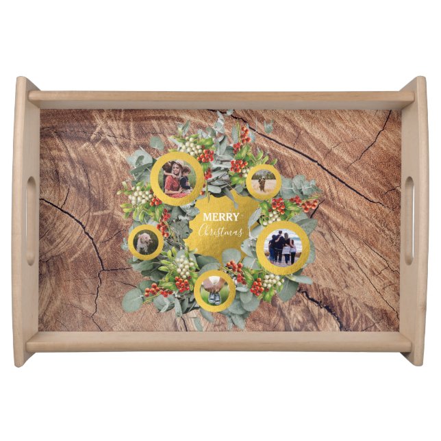 Christmas Wreath Photo Collage Holiday Serving Tray (Front)