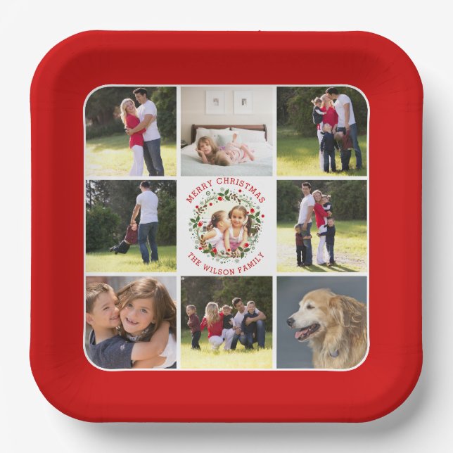 Christmas wreath, photo collage with nine photos paper plates (Front)