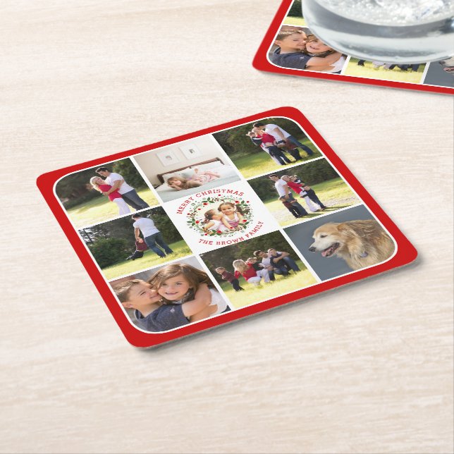 Christmas wreath, photo collage with nine photos square paper coaster (Angled)