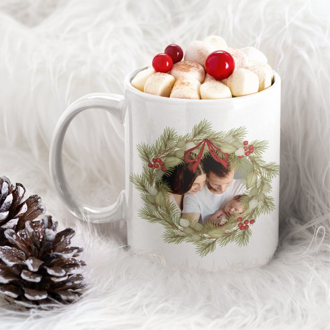 Christmas Wreath Photo Custom Coffee Mug (Elegant Christmas photo wreath custom coffee mug. )