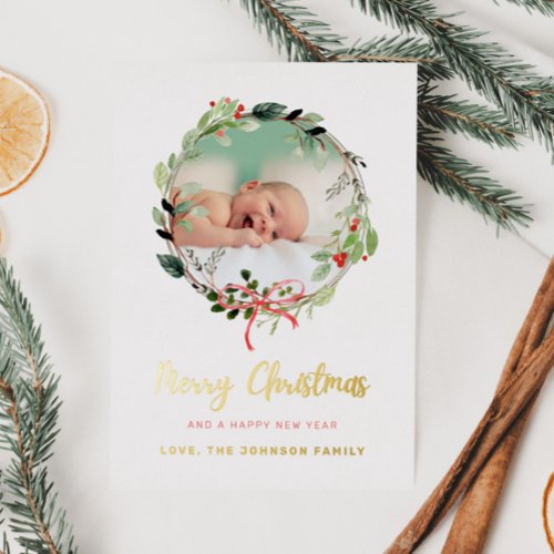 Christmas Wreath Photo Frame Foil Holiday Card