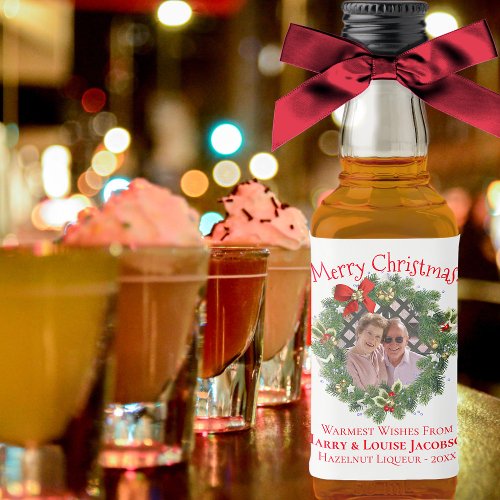 Christmas Wreath Photo Frame Fun Holiday Mini Liquor Bottle Label