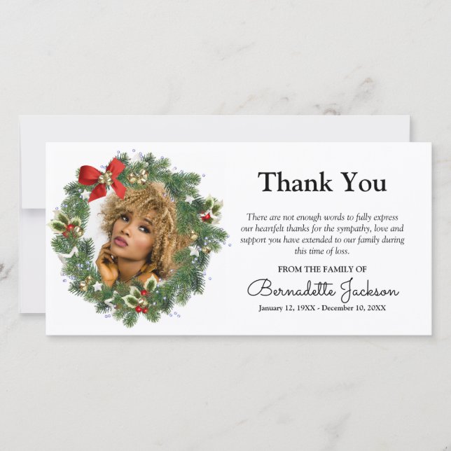 Christmas Wreath Photo Funeral Thank You Card (Front)