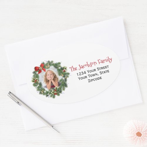 Christmas Wreath Photo Oversized Return Address Oval Sticker