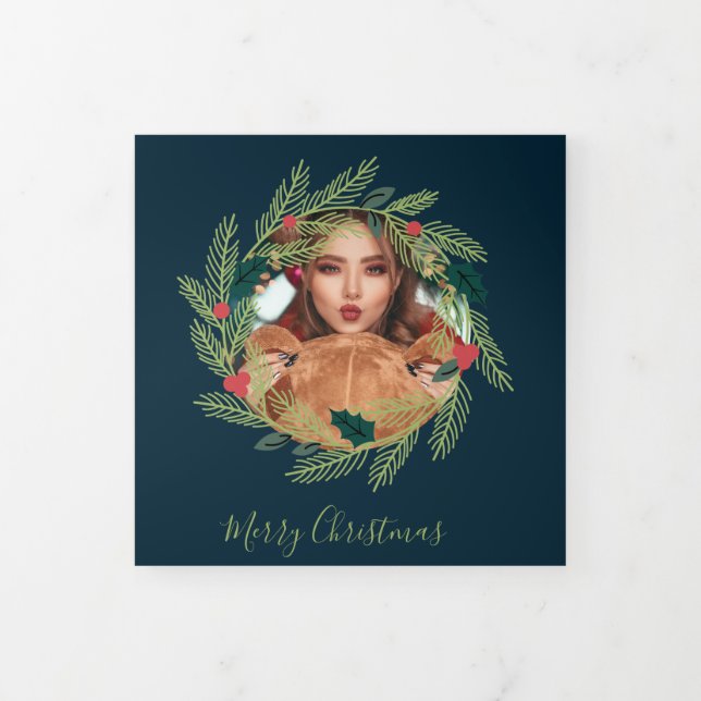 Christmas Wreath  Photo Personalized Christmas Tri-Fold Holiday Card (Cover)