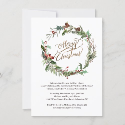 Christmas Wreath Pine Berry Holly Party Invitation