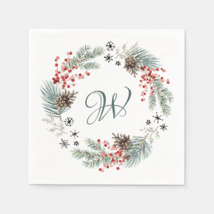 Christmas Wreath Pine Berry Snowflakes Monogram Napkins