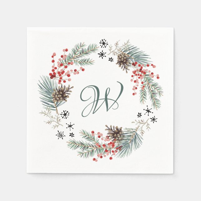 Christmas Wreath Pine Berry Snowflakes Monogram Napkins (Front)