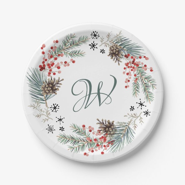 Christmas Wreath Pine Berry Snowflakes Monogram Paper Plates (Front)
