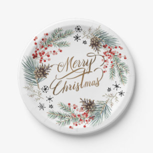 Christmas Wreath Pine Berry Snowflakes Paper Plates