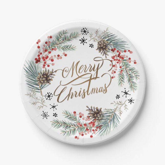 Christmas Wreath Pine Berry Snowflakes Paper Plates (Front)
