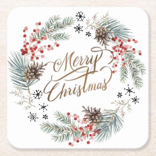 Christmas Wreath Pine Berry Snowflakes Square Paper Coaster