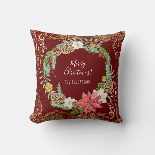 Christmas Wreath Pine Cone Floral Gold Swirls Name Throw Pillow