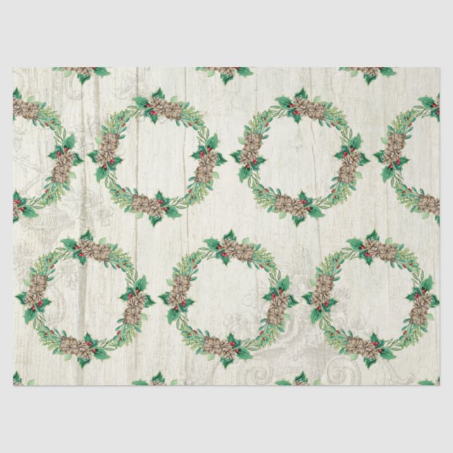Christmas Wreath Pine Cone Holly Rustic Barn Wood Tissue Paper (Front)