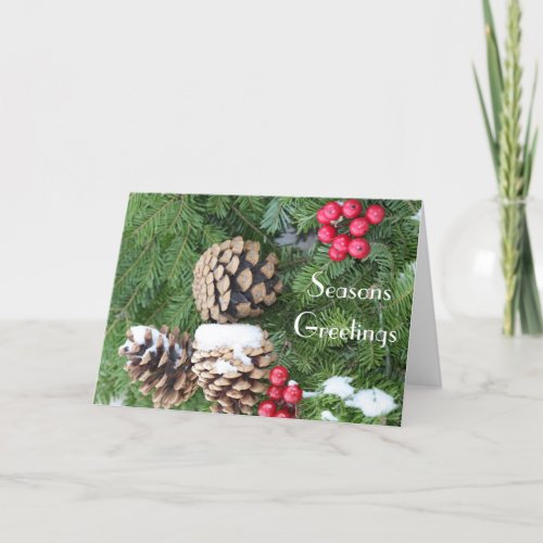Christmas wreath pine cones and berries holiday card