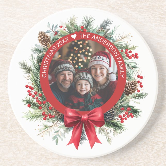Christmas Wreath Pine Leaves Holly Berries Photo Coaster (Front)
