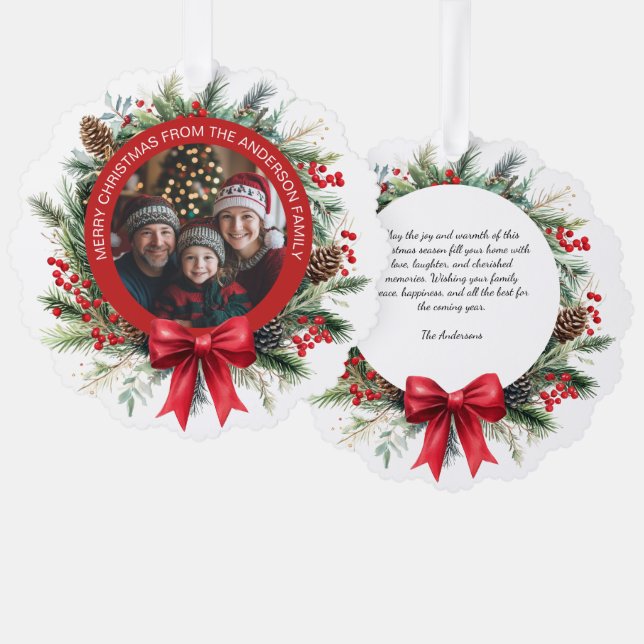 Christmas Wreath Pine Leaves Holly Berries Photo Ornament Card (Front/Back)