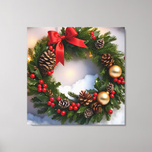 Christmas Wreath Pine Red Ribbon Snow Canvas Print
