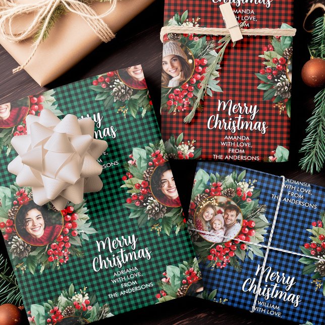 Christmas Wreath Plaids Family Photos Personalized Wrapping Paper Sheets (Christmas Wreath Plaids Family Photos Personalized Wrapping Paper Sheets)