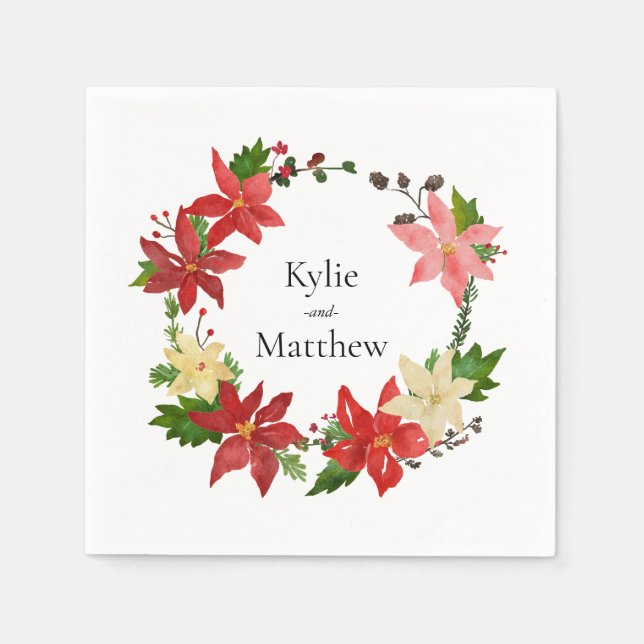 Christmas Wreath Poinsettia Festive Wedding Napkins (Front)