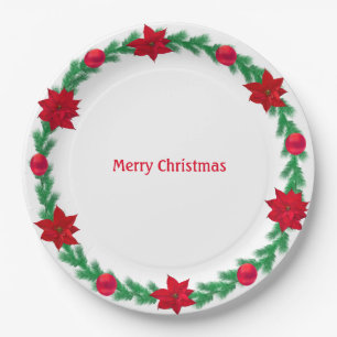 Christmas Wreath, poinsettias & Christmas balls Paper Plates