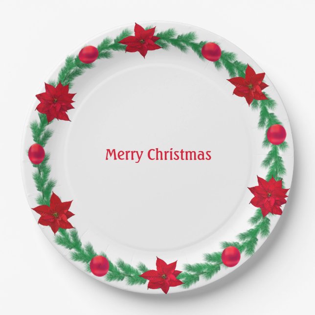 Christmas Wreath, poinsettias & Christmas balls Paper Plates (Front)
