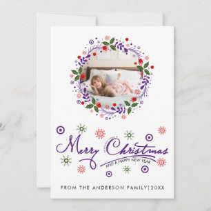 Christmas wreath, purple script typography photo holiday card