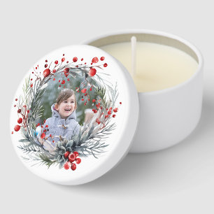 Christmas wreath, red berries and greenery photo mini candle favors