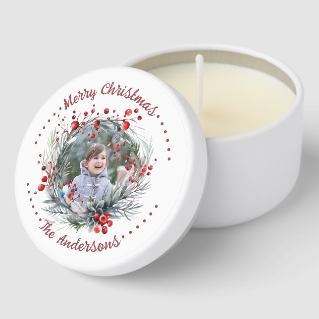 Christmas wreath, red berries and greenery photo mini candle favors (Corner)