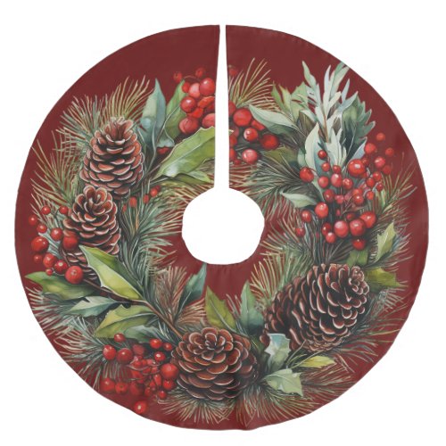Christmas Wreath Red Berries Pine Cones Holly Brushed Polyester Tree Skirt