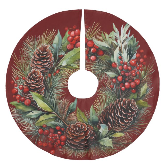 Christmas Wreath Red Berries Pine Cones Holly Brushed Polyester Tree Skirt (Front)