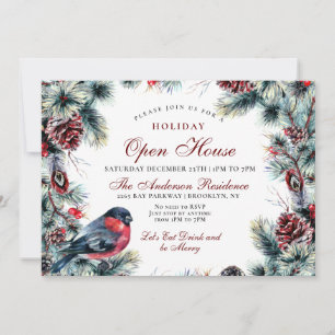 Christmas Wreath & Red Bird Holiday Open House Invitation