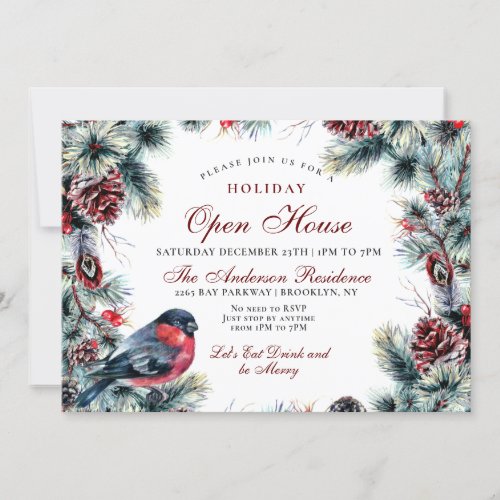 Christmas Wreath  Red Bird Holiday Open House Invitation