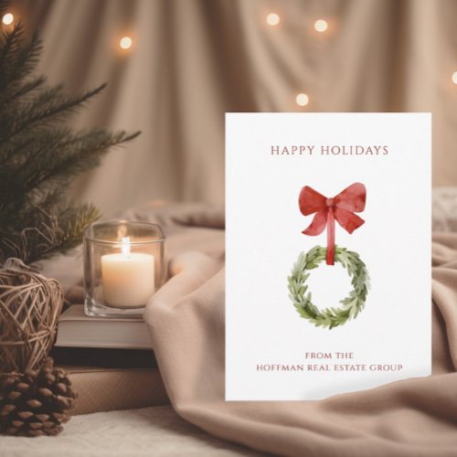 Christmas Wreath Red Bow Corporate Holiday Card