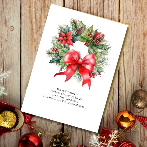 Christmas Wreath Red Bow Holly Holiday Card