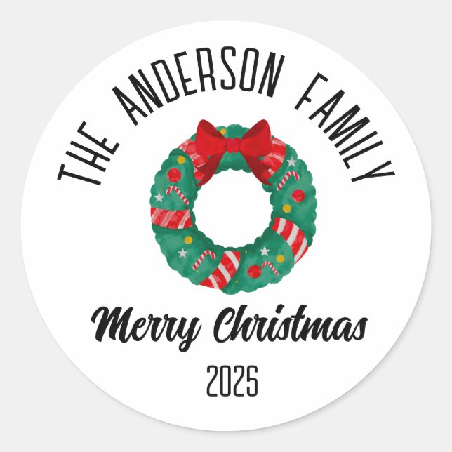 Christmas Wreath Red Bow Lights Personalized Name Classic Round Sticker (Front)