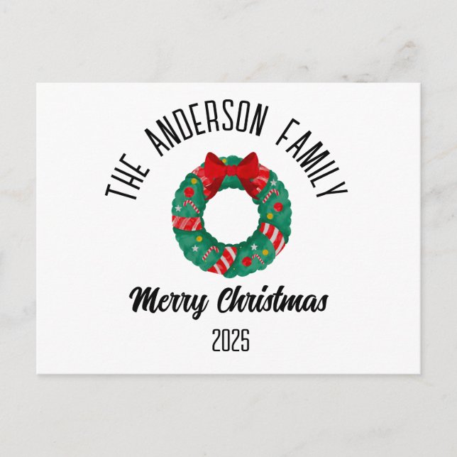 Christmas Wreath Red Bow Lights Personalized Name Holiday Postcard (Front)
