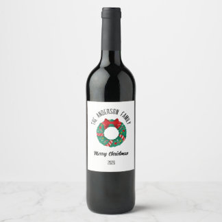 Christmas Wreath Red Bow Lights Personalized Name Wine Label
