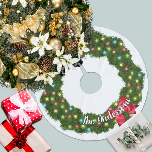 Christmas Wreath Red Bow Monogram Brushed Polyester Tree Skirt