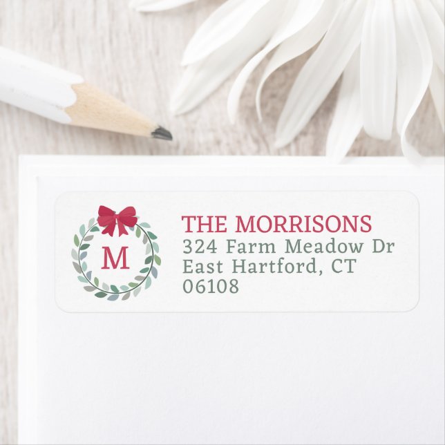 Christmas Wreath Red Bow Monogrammed Label (Insitu)