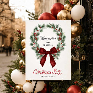 Christmas Wreath Red Bow Party Welcome Sign