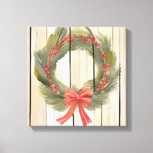 Christmas Wreath Red Bow Pretty Pine Watercolor Canvas Print