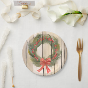Christmas Wreath Red Bow   Pretty Pine Watercolor Paper Plates