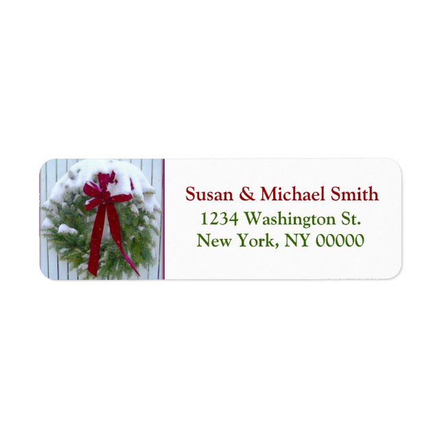 Christmas Wreath Red Bow Snow Covered Evergreen Label (Front)