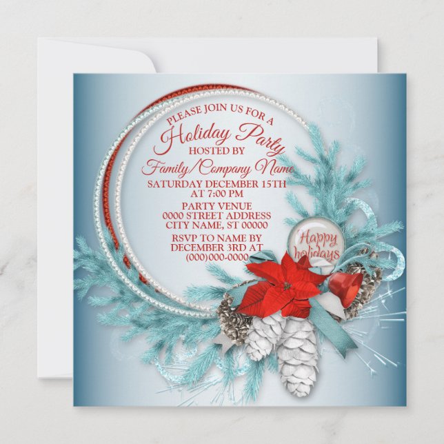 Christmas Wreath Red Bow Teal Holidays Party Invitation (Front)