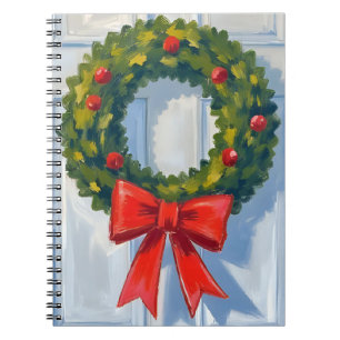 Christmas Wreath Red Bow White Watercolor Notebook